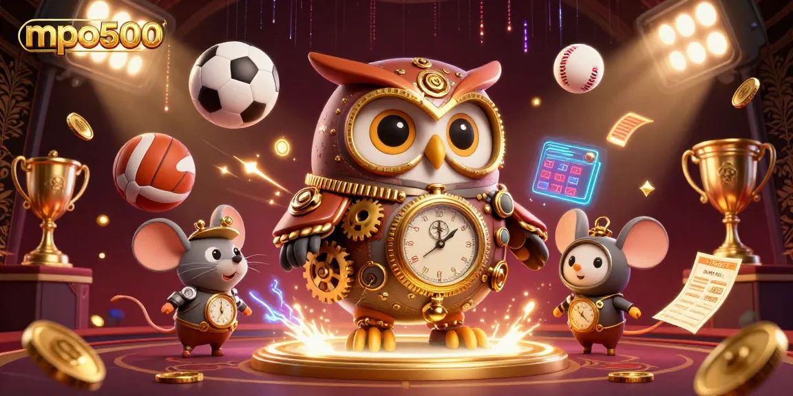 MPO500 dazzles with a vibrant casino scene featuring a steampunk owl and a clockwork mouse amid sports betting elements.