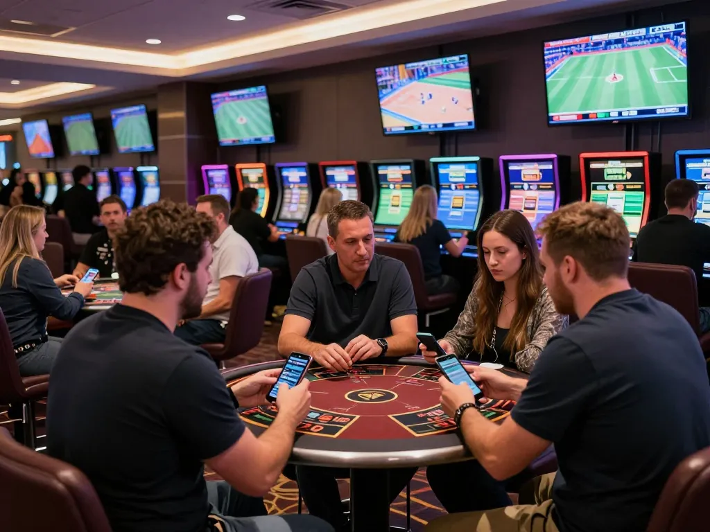 Patrons engaging in sports betting at ALO8, excited expressions around multiple screens displaying live games.