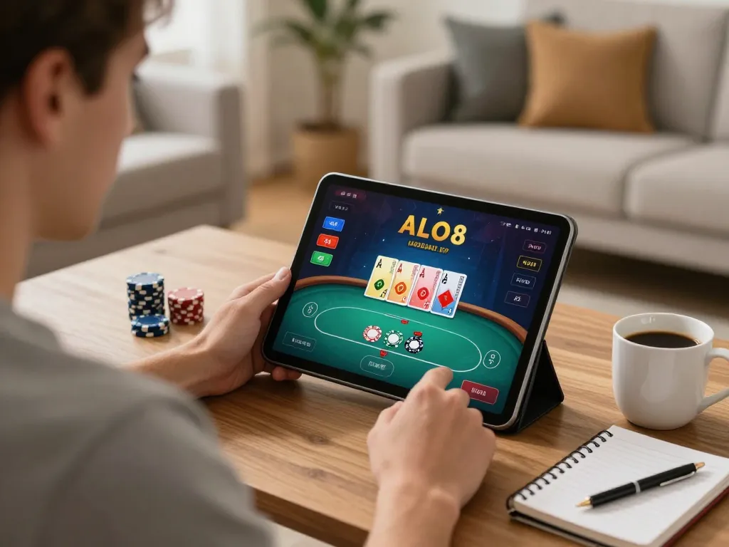 Player engaging with ALO8 casino app on tablet, enjoying a strategic gaming experience at home.