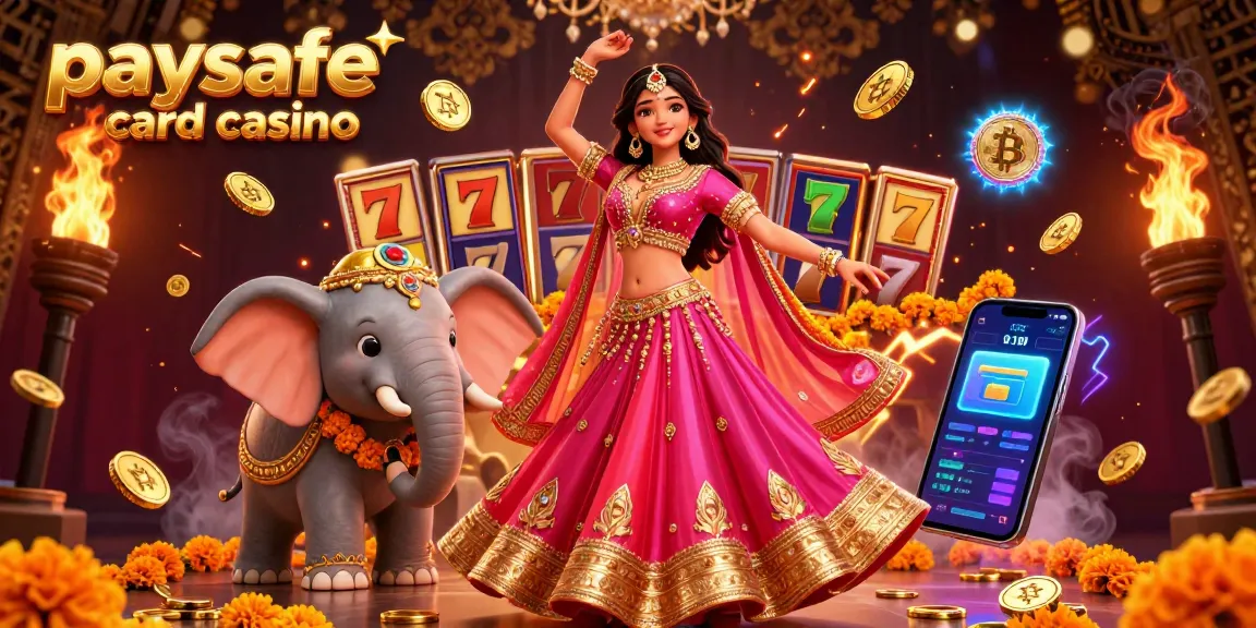 Szenen im Paysafe Card Casino mit einem bunten Bollywood-Tänzer und einem geschmückten Elefanten zwischen Spielautomaten und Krypto-Münzen