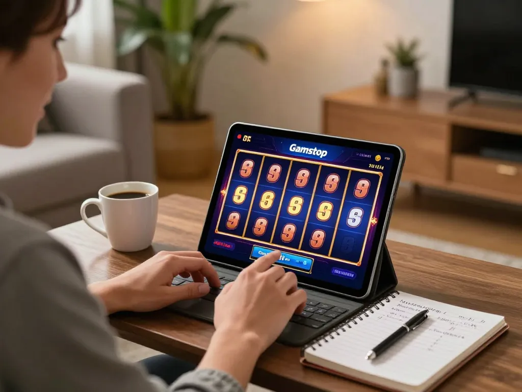 Playing slots not on Gamstop on a tablet while enjoying a cozy home atmosphere