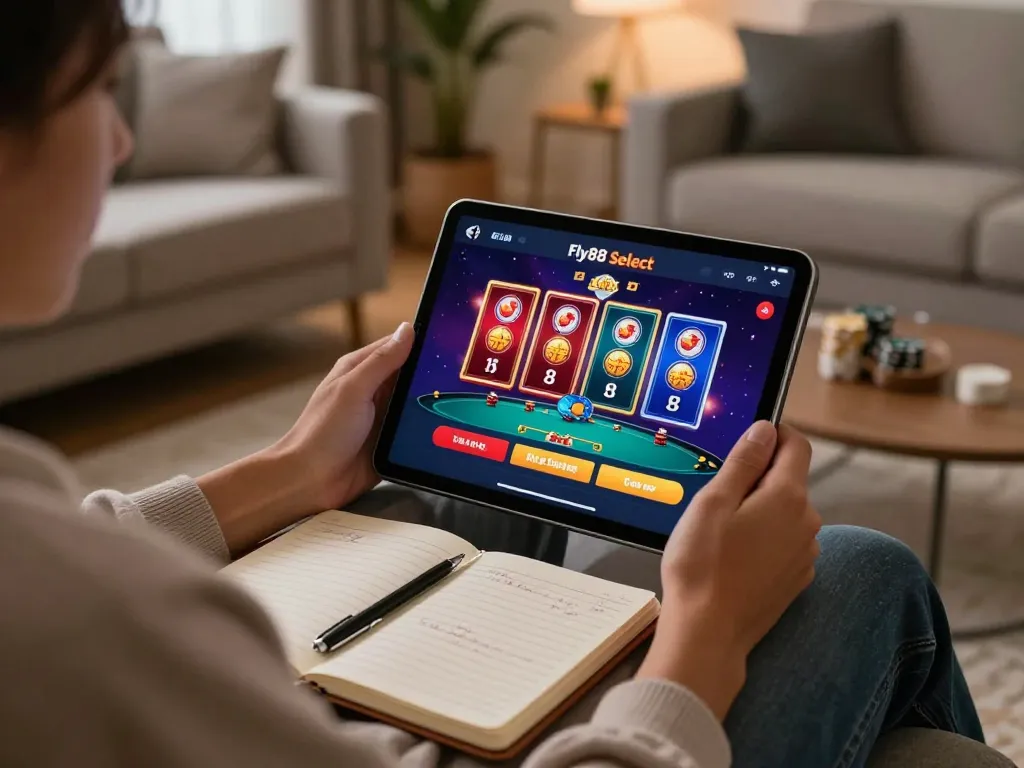 Player engaging with the fly88 select casino platform on a tablet, showcasing home gaming comfort and strategy