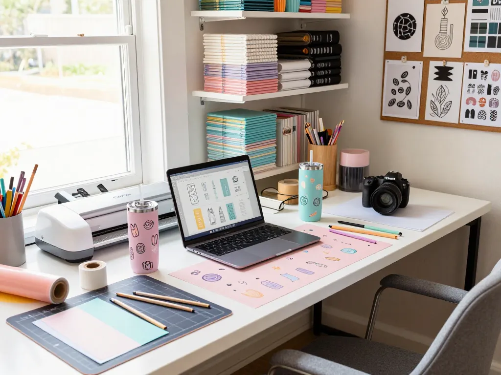 Creative workspace showcasing vibrant SVG bundle designs for tumblers and crafting tools in an artistic atmosphere.