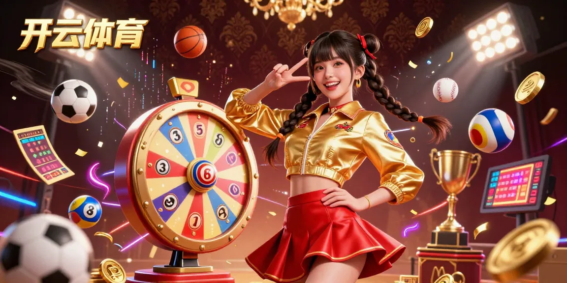 与开云体育的动态体育博彩场景互动，展示生动的3D能量元素和快乐的亚洲女性。