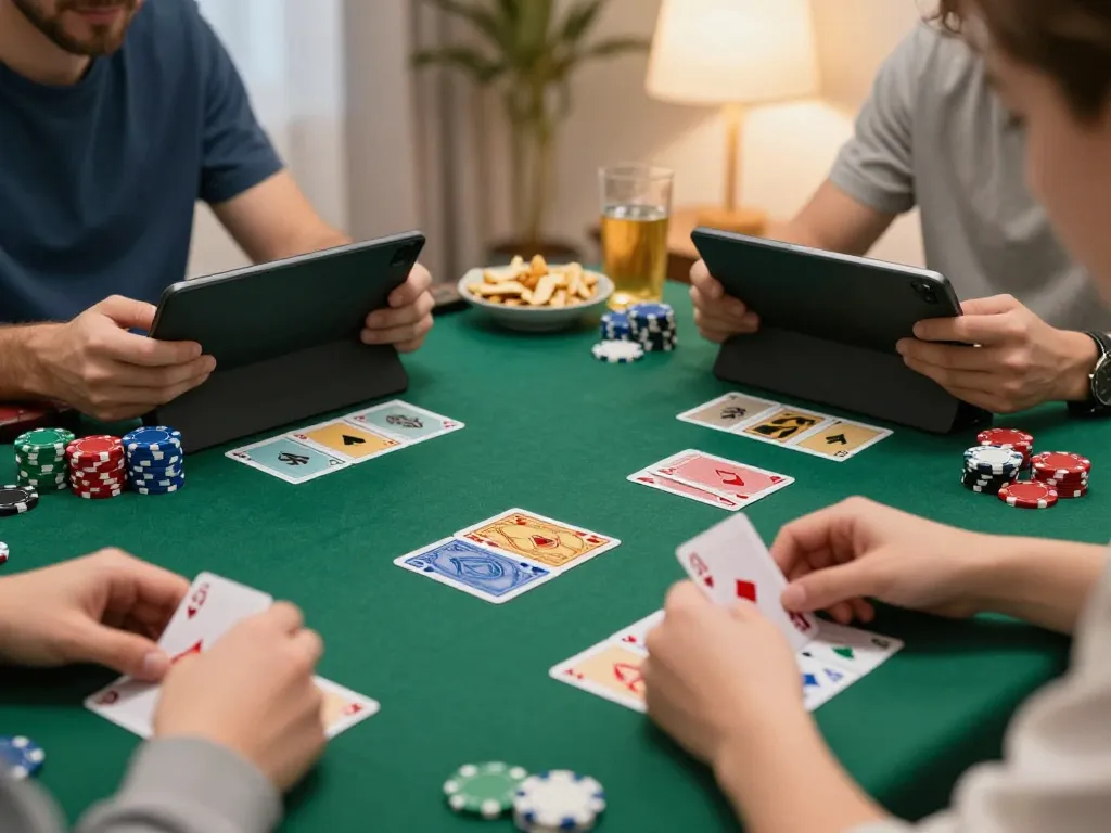 Players enjoy strategic online blackjack at home using O8 app amidst warm ambiance.