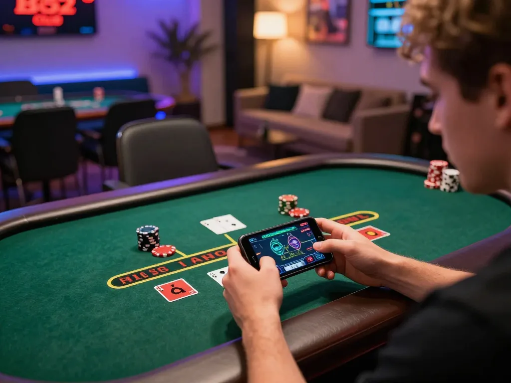 B52 club player engaged in live dealer blackjack on smartphone, demonstrating online gaming excitement.