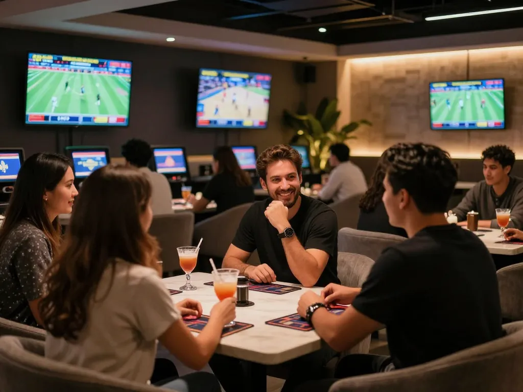 Superjp bettors cheer on their winning wagers in an upscale sports betting lounge setting