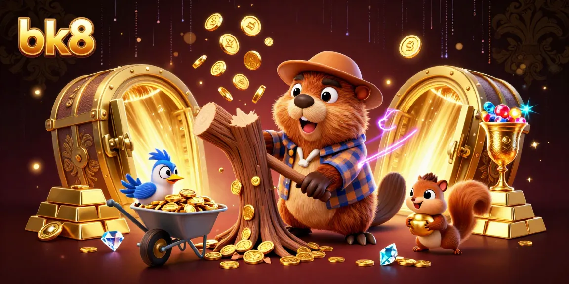 Exciting bk8 casino scene with beaver, bird, and squirrel celebrating with golden coins from a vault.