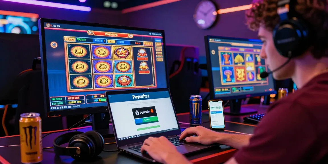 Aufregende Online-Spielszene mit einem Spieler, der eine Paysafe Card Einzahlung auf seinem Laptop während bunter Spielautomaten und Neonlichter nutzt.