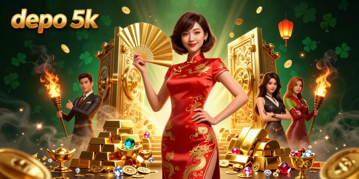 Experience thrilling wins with depo 5k at a vibrant online casino illustrated with golden treasures.