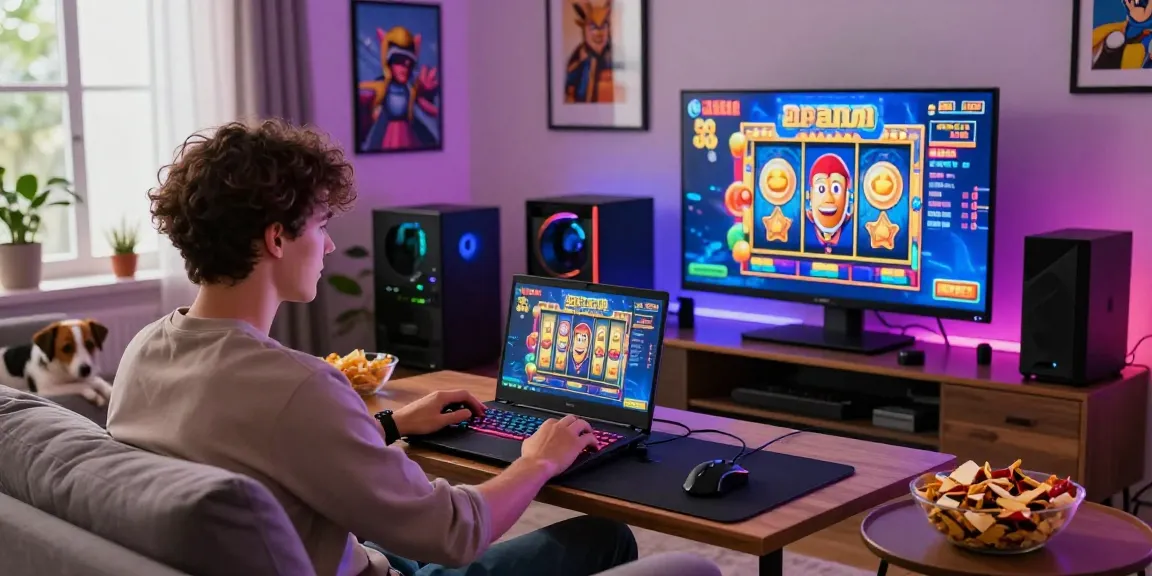 Exciting gaming atmosphere depicting a young adult enjoying slot dana on a laptop in a cozy living room.