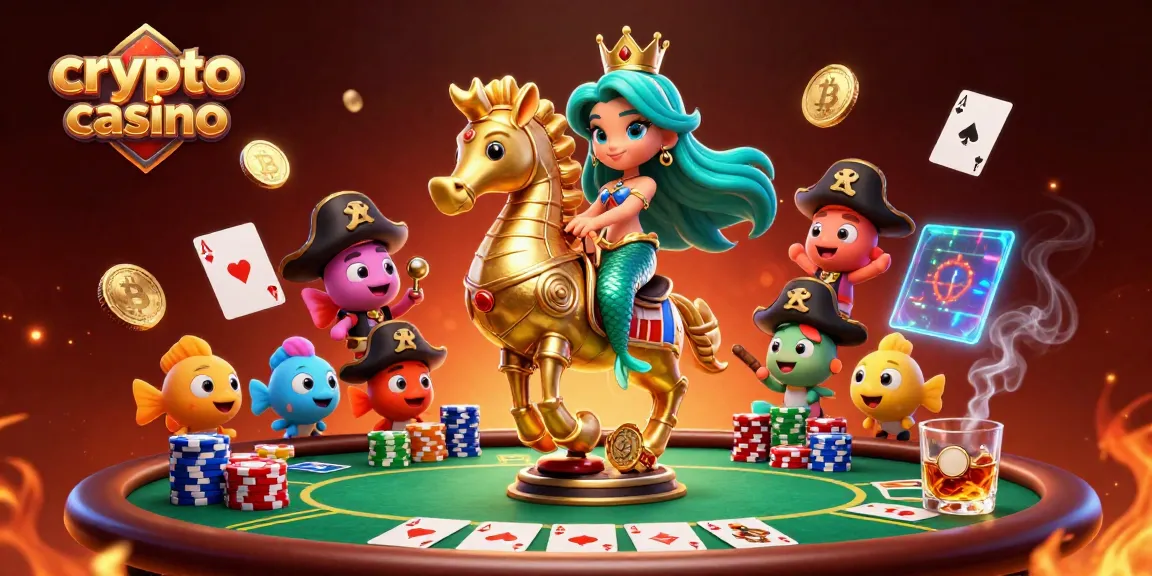 Gioca nel crypto casino e vinci con poker e Bitcoin in un'illustrazione colorata e vivace.