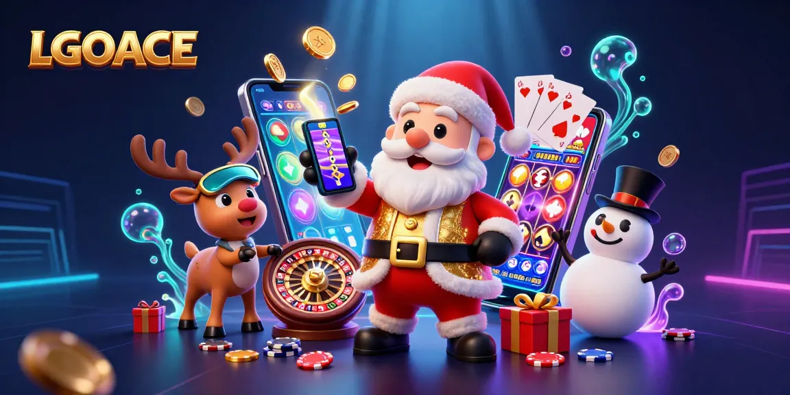 LGOACE engages players with a festive casino scene showcasing slot games and winning opportunities.
