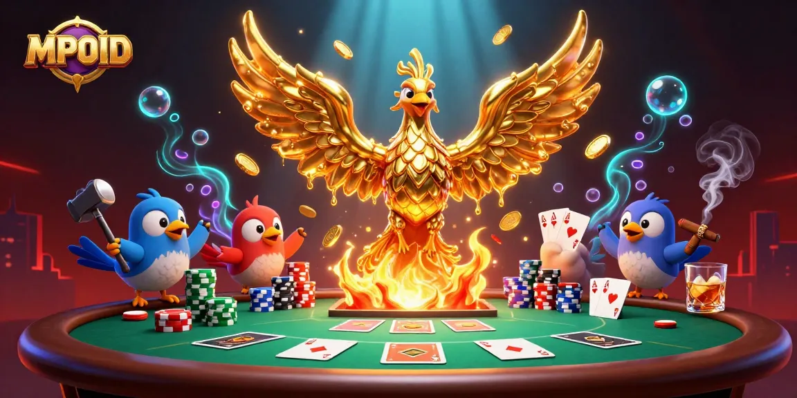 MPOID showcases a vibrant casino scene with a molten gold phoenix and poker setups.