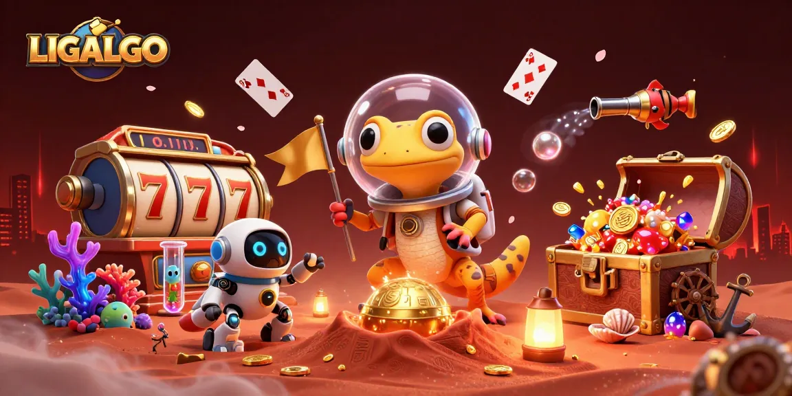 LIGALGO showcases a vibrant casino adventure with a Martian gecko and golden elements, immersing players in fun.