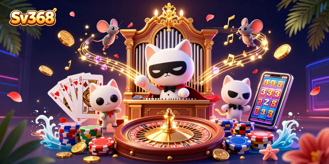 Experience Sv368 with vibrant casino action featuring a charming cat and exciting gambling elements.