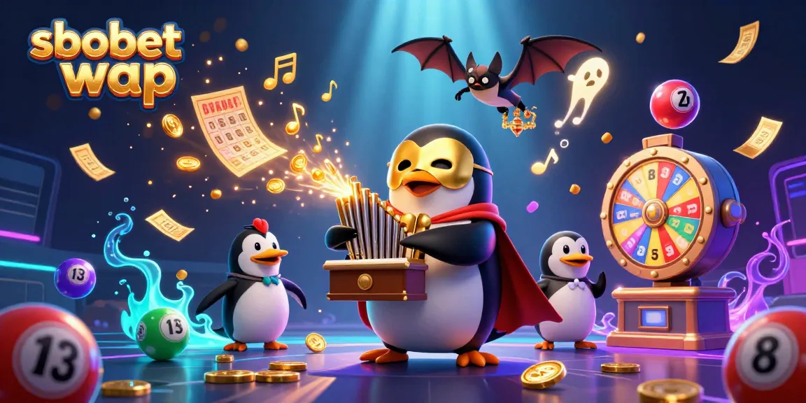 Experience sbobet wap thrills with a penguin organist showering golden coins amidst lottery excitement.