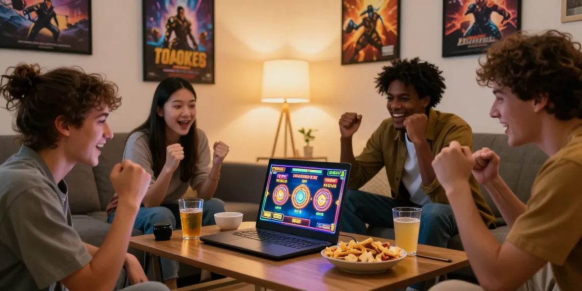 Friends enjoying a gaming night with deposit pulsa tanpa potongan on a laptop, snacks around, vibrant atmosphere.