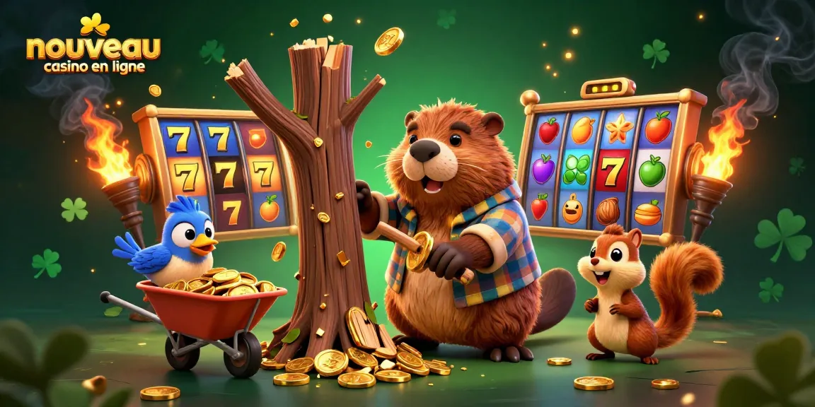 Visitez le nouveau casino en ligne avec cette illustration dynamique de jeux de casino et de personnages collectant des pièces d'or.