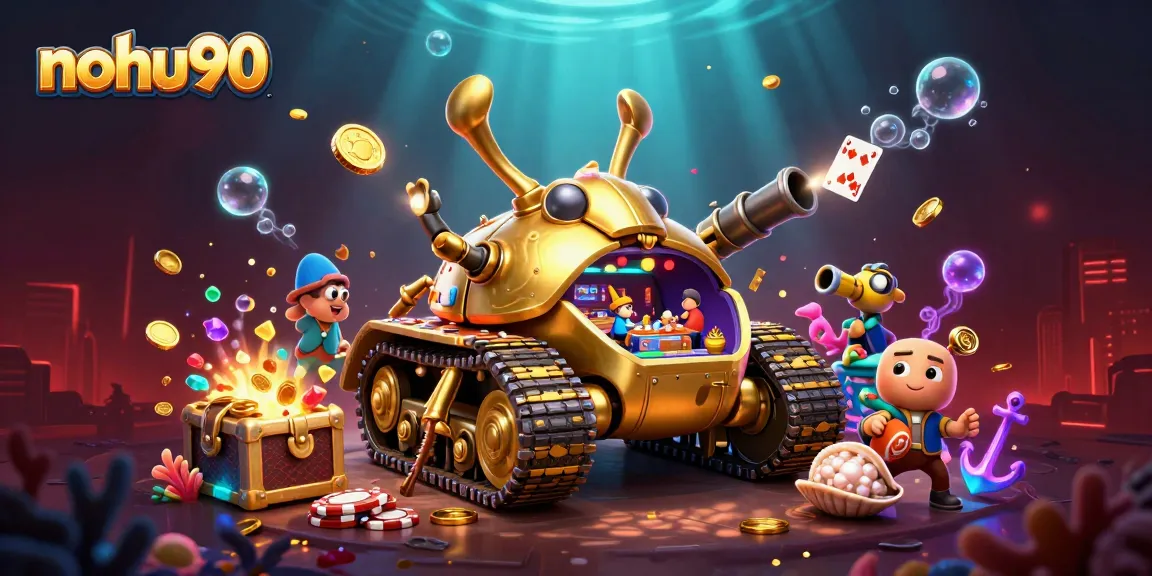 Engage with nohu90's dynamic casino scene featuring colorful games and golden treasures.