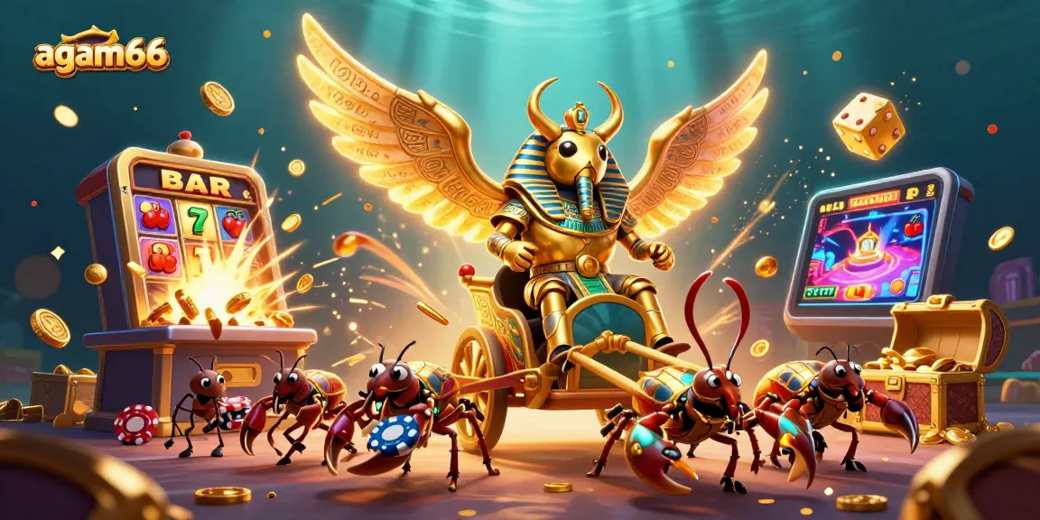 Engage with the exciting features of agam66 through a dynamic 3D casino illustration of slot machines and visual effects.