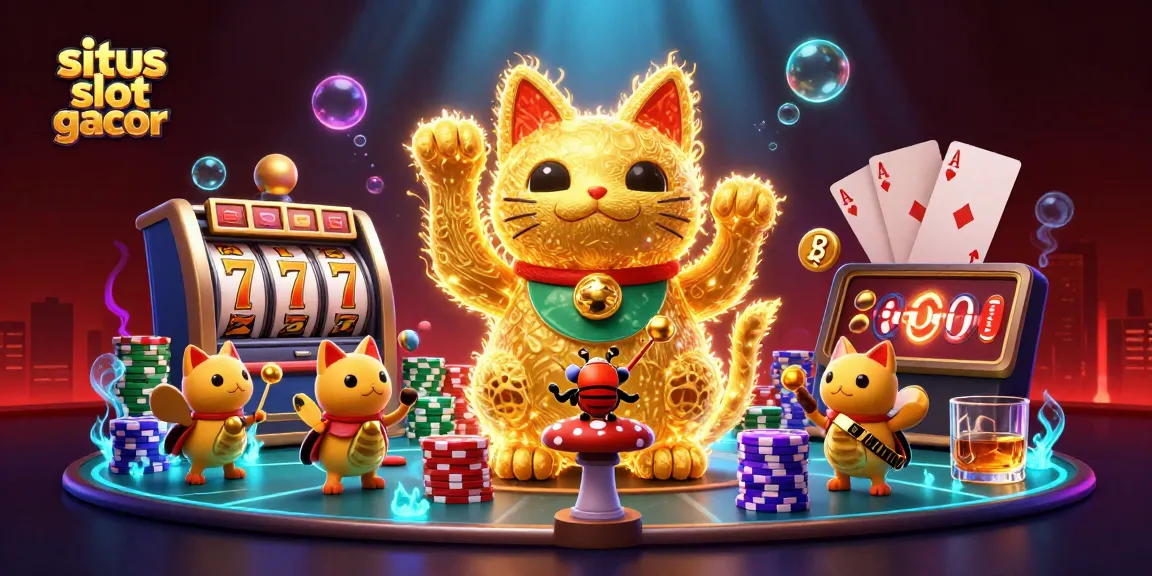 Mengaktifkan situs slot gacor dengan ilustrasi 3D atraktif yang memunculkan simbol keberuntungan dan kesenangan bermain kasino.