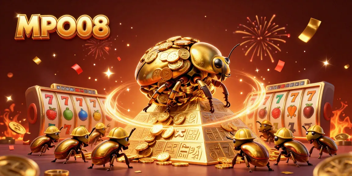 MPO08 showcases a vibrant 3D scene with a golden dung beetle rolling coins, celebrating jackpots in an exciting casino atmosphere.
