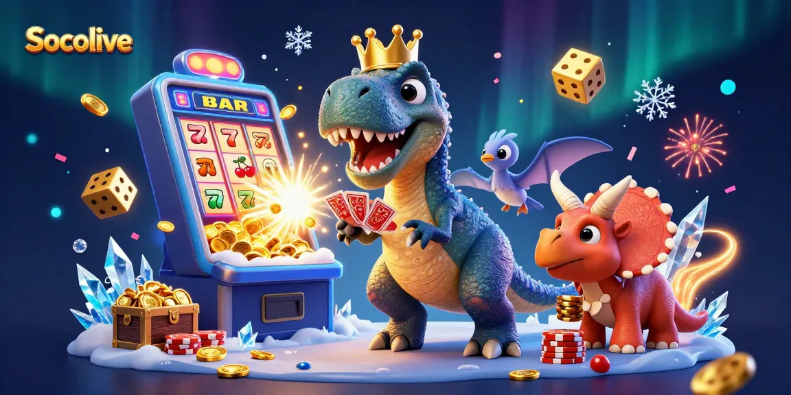 Socolive showcases an epic scene of gaming excitement with a T-Rex shuffling cards amidst sparkling gameplay elements.