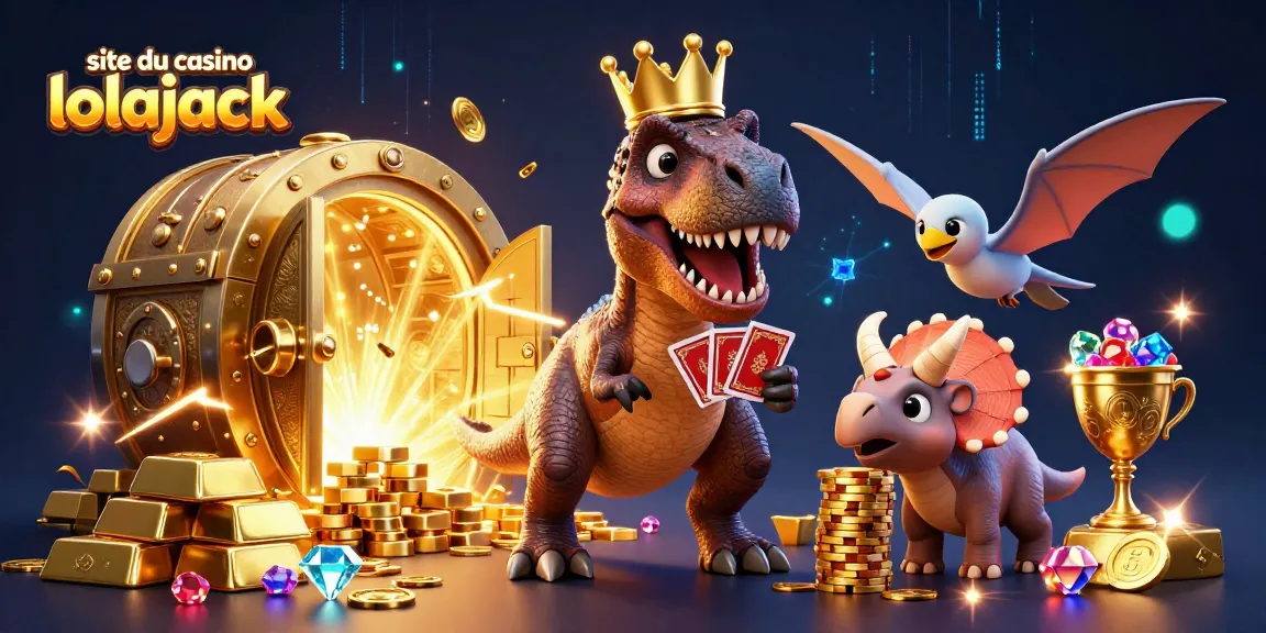 Enjoy the vibrant scene at site du casino lolajack featuring a T-Rex shuffling cards with gold treasures.