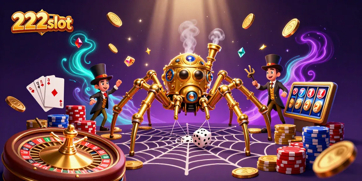 Memenangkan jackpot di 222slot dengan ilustrasi kasino yang menarik dan elemen permainan yang berkilauan.