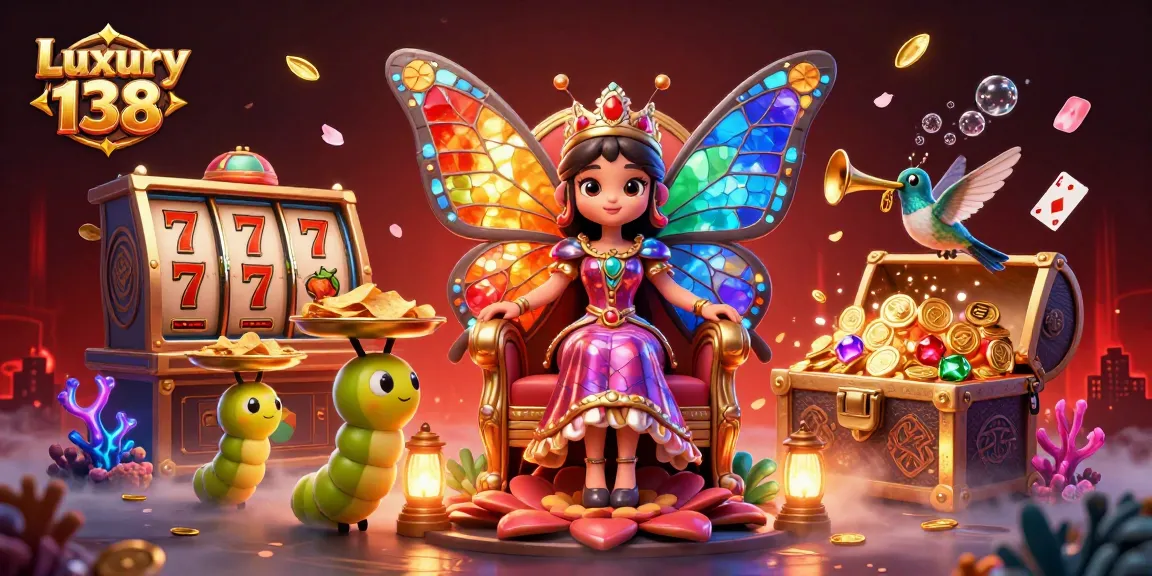 Experience thrilling gameplay at Luxury 138 with vibrant 3D casino characters amidst sparkling slot machine symbols.