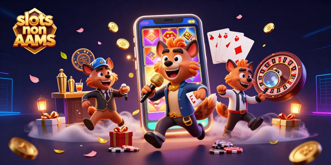 Gioca alle slots non AAMS in un casinò animato con comici e drink, circondato da simboli e grafiche vivaci.