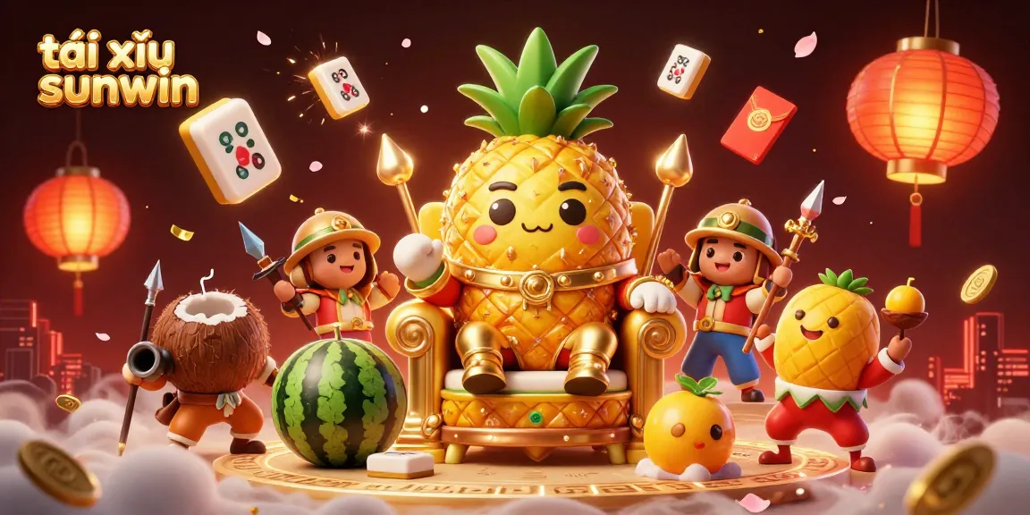 Experience the excitement of tài xỉu sunwin with a vibrant 3D casino scene featuring a golden pineapple king.
