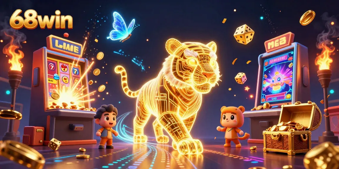 Experience the thrill of 68win with a golden tiger in a vibrant casino setting.