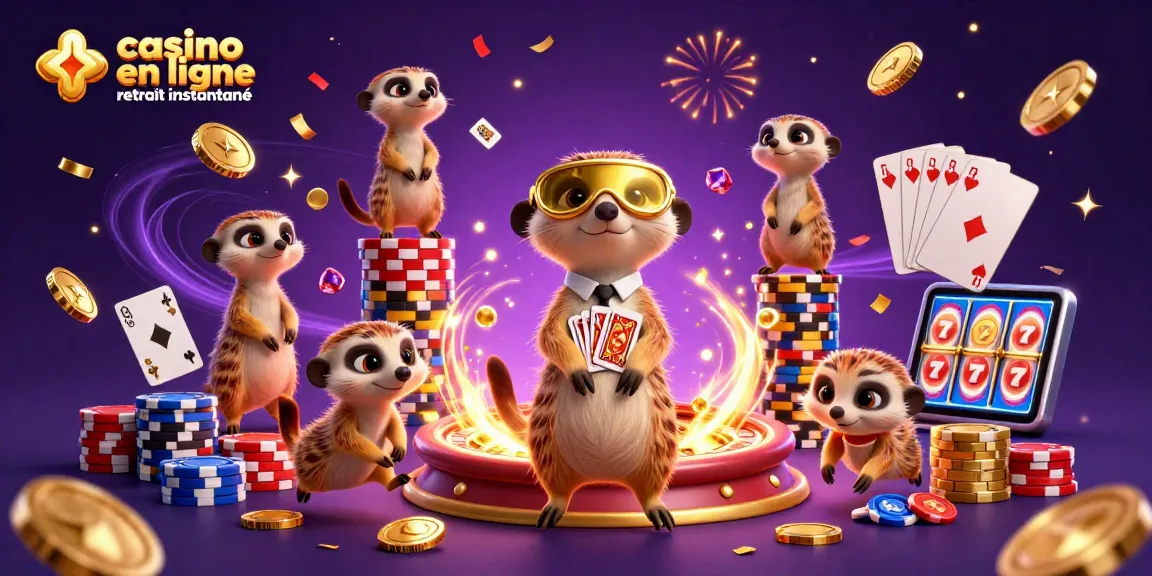 Jouez et gagnez avec le casino en ligne retrait instantané, illustré par des suricates animés dans une scène dynamique.