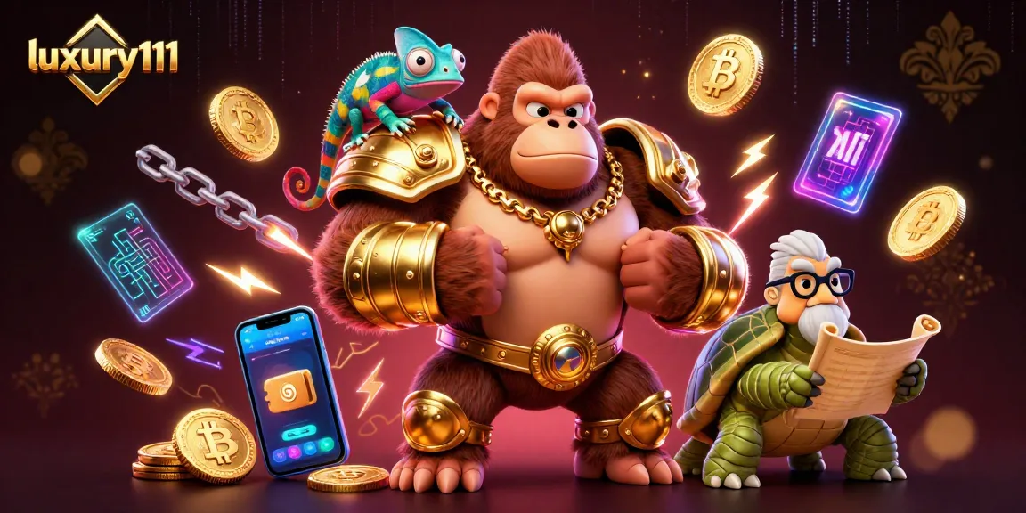 Experience luxury111 with a vibrant gorilla, chameleon, and tortoise in a rich gambling scene.