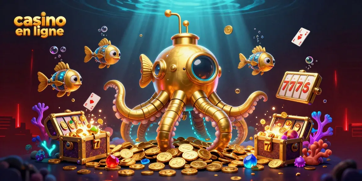 Plongez dans l'univers des casinos en ligne avec cette illustration dynamique d'un kraken en 3D et des symboles de jeux.