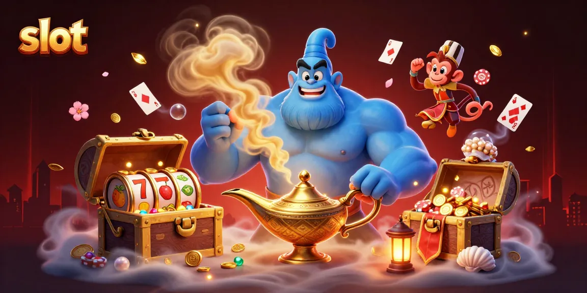 Menggali slot dengan jin biru, koin emas, dan simbol buah yang memikat.