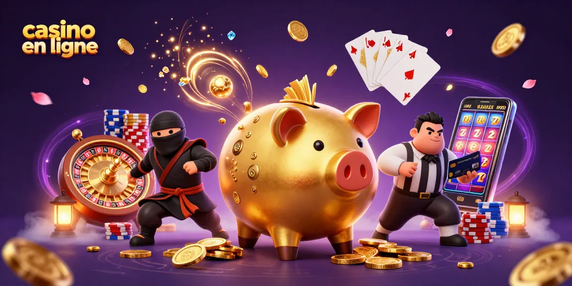 Profitez du casino en ligne avec des personnages dynamiques et des pièces d'or flottantes.