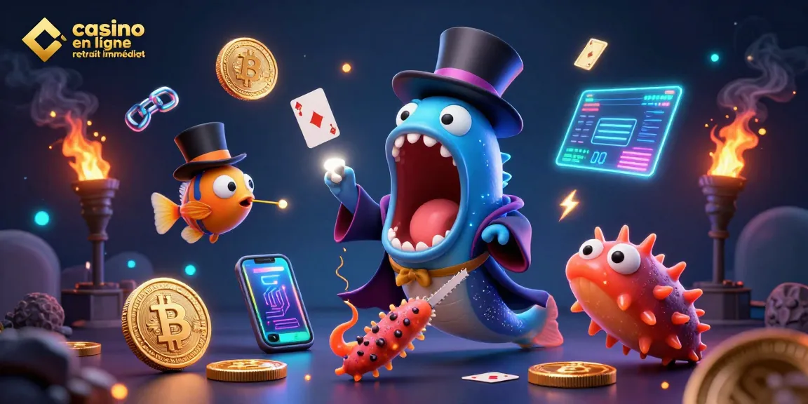 Célébrez le plaisir des jeux avec l'illustration de casino en ligne avec retrait immédiat où un poisson-lanterne et une anguille goulue sont en spectacle.