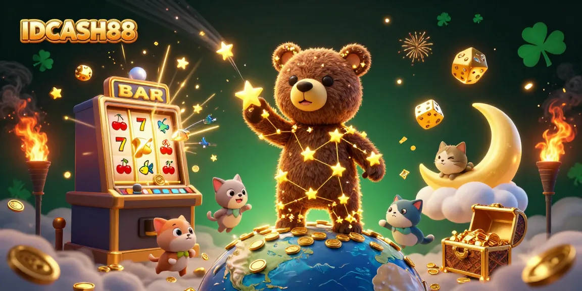Play slots with luck at IDCASH88, featuring a gold-tinged 3D jackpot scene full of winning elements.