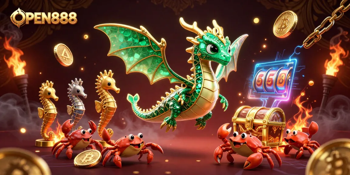 Engage with OPEN888 through a vibrant casino-themed 3D illustration featuring a majestic sea dragon, crypto coins, and slot elements.