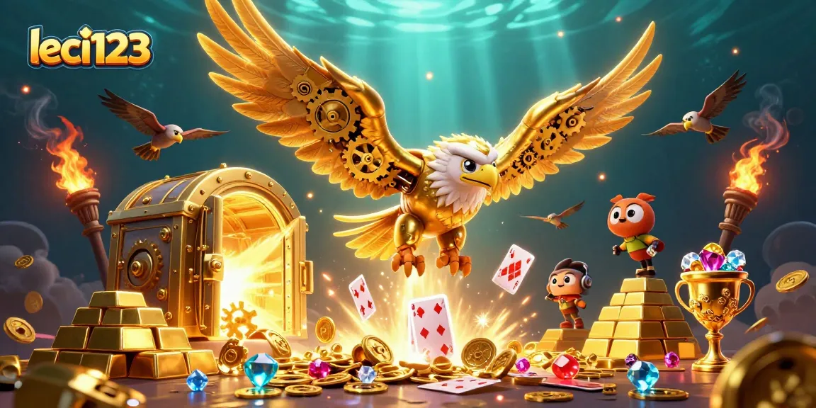 Engage in thrilling gameplay with leci123, featuring a golden eagle among cascading cards and treasure.