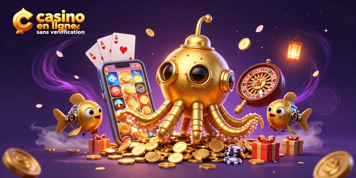 Plongez dans l'action des casinos en ligne sans vérification avec ce kraken doré, émergeant d'une mer de pièces d'or