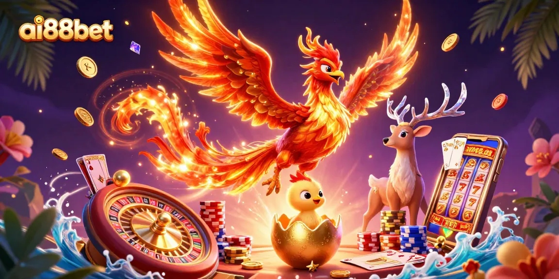 Experience excitement with ai88bet's dynamic casino scene featuring phoenix characters and gleaming casino elements.