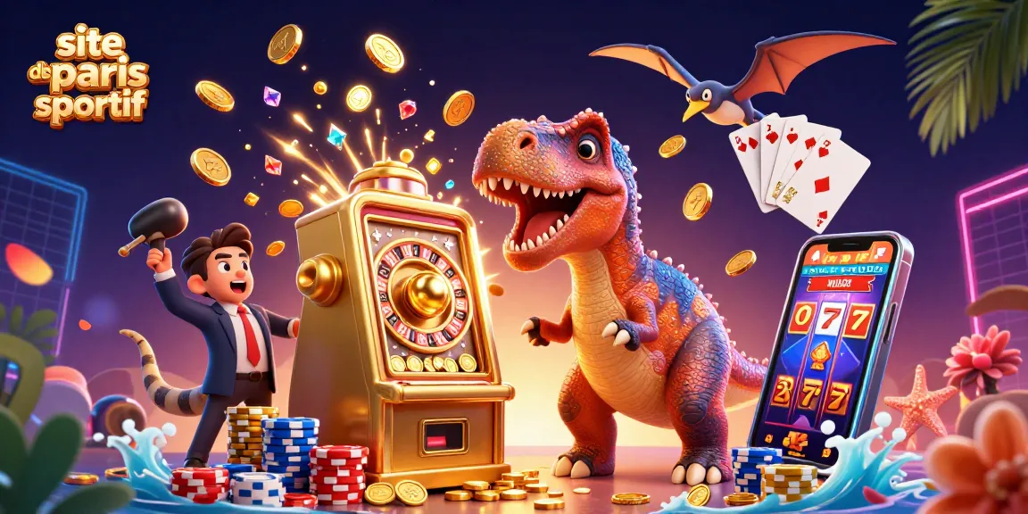 Une illustration dynamique représentant un site de paris sportif avec des dinosaures jouant au casino.