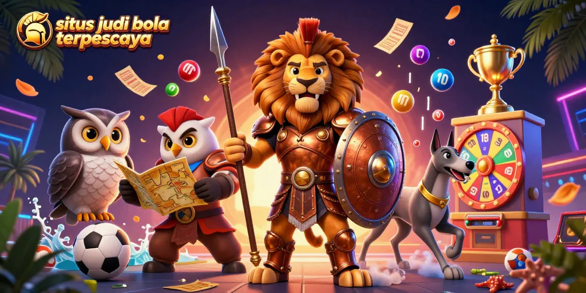 Engage with the situs judi bola terpercaya, featuring a vibrant 3D scene of a Spartan lion, owl strategist, and greyhound messenger.