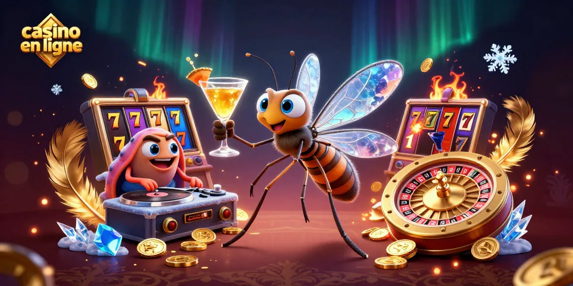 Illustration 3D captivante d'un casino en ligne, avec mascotte et jeux de machines à sous.