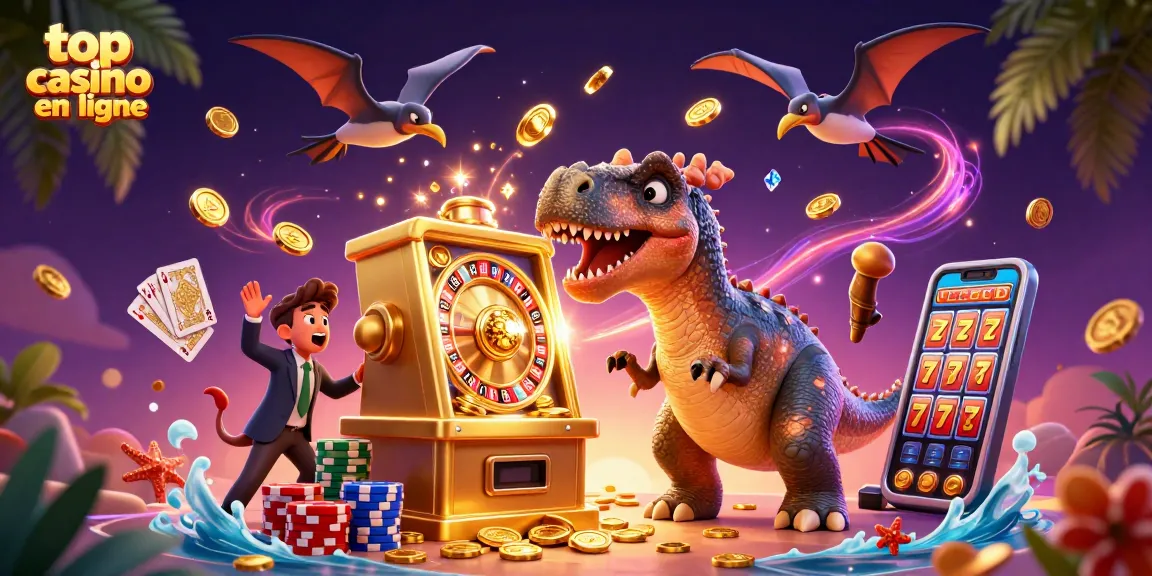 Illustration dynamique de top casino en ligne avec un pachycéphalosaurus et une machine à sous en action.