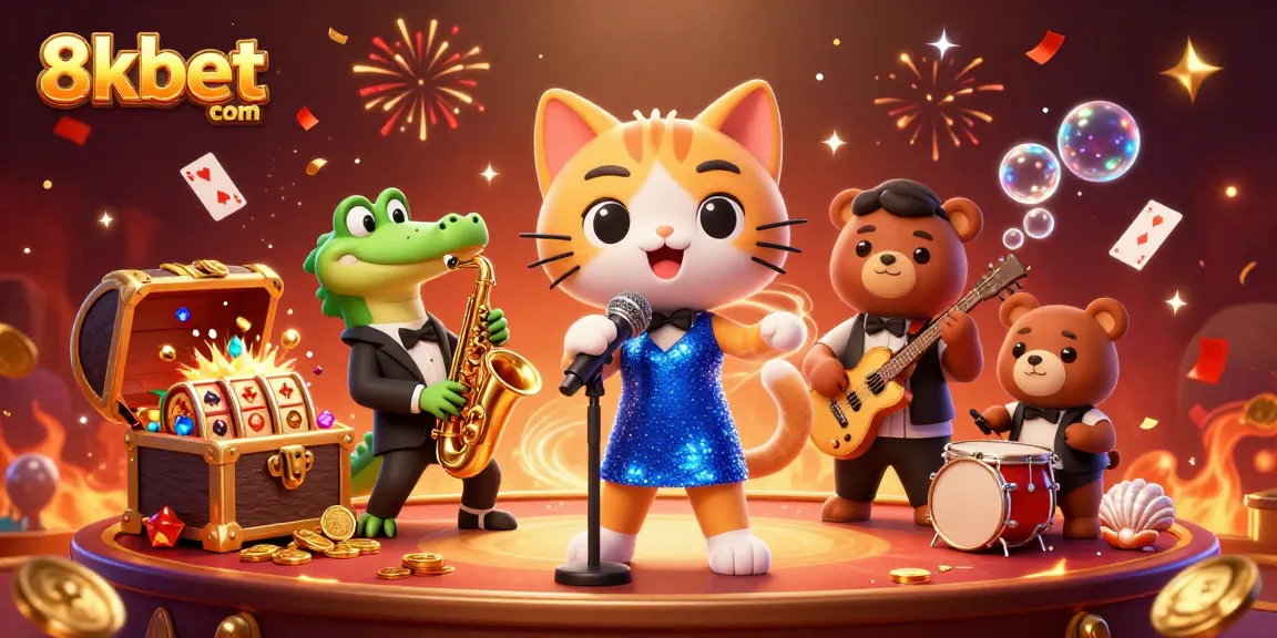 Engage with vibrant gaming at 8xbet com featuring cartoon characters in a lively casino scene.